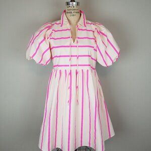 Jodifl Hot Pink Striped & Cream Dress with Puff Sleeves A Line Skirt Size Small
